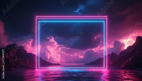 Abstract minimal background, pink blue neon light square frame with copy space, illuminated stormy clouds