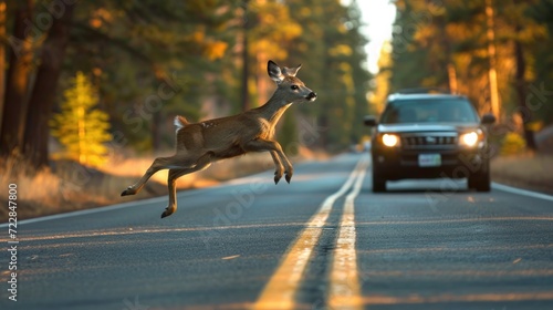 Deer suddenly jumps onto the road in front of a moving car