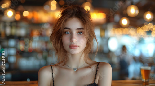 Portrait of a young woman with a soft gaze, in a dimly lit cafe with bokeh background.