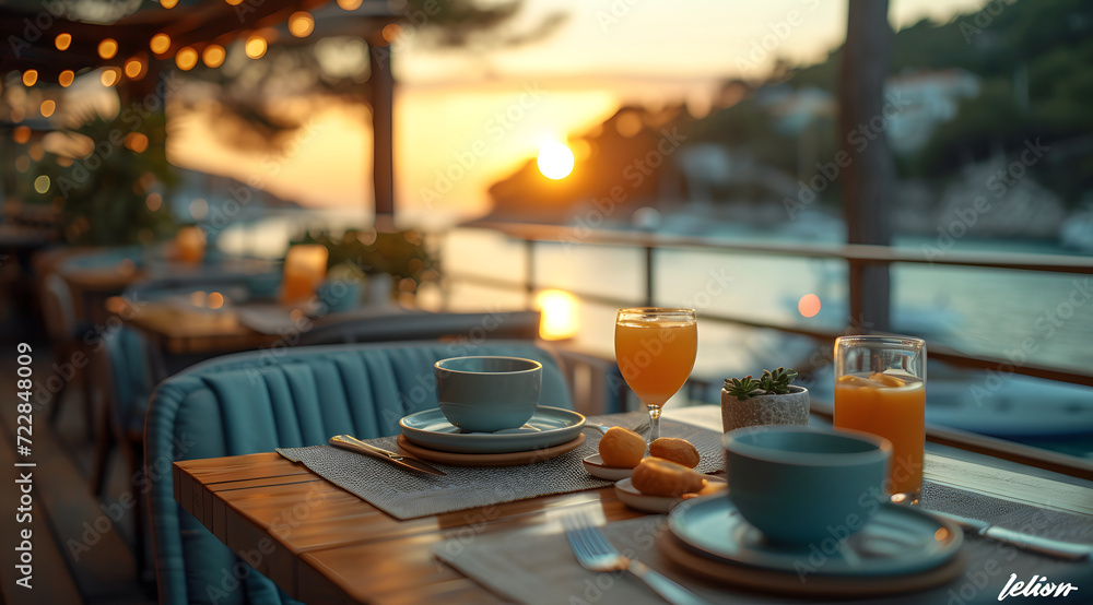 Cozy outdoor dining setup with a sunset view, featuring a table with cups, plates, and fresh juice, overlooking a serene waterfront.