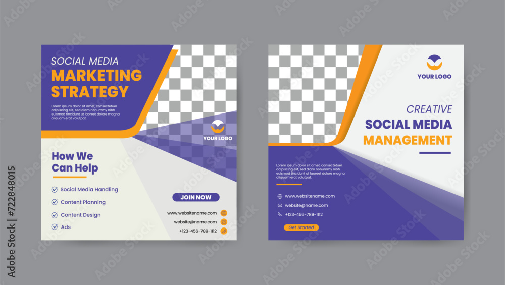 Set of digital marketing strategy social media post template. Square banner design background. Set of digital marketing strategy social media post template. Square banner design background.