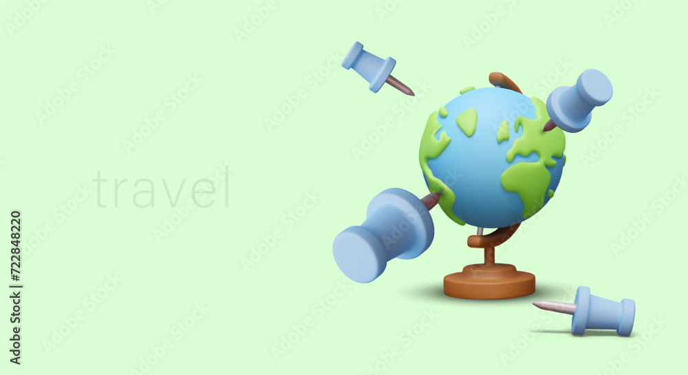 Realistic globe and blue pins in different positions. Concept of traveling abroad and tourism