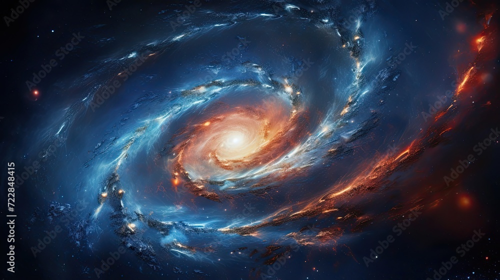 Fototapeta premium The resplendent sight of a spiral galaxy teeming with billions of stars in the abyss of deep space, a cosmic masterpiece unveiling the splendor and magnitude of the universe. Generated by AI.