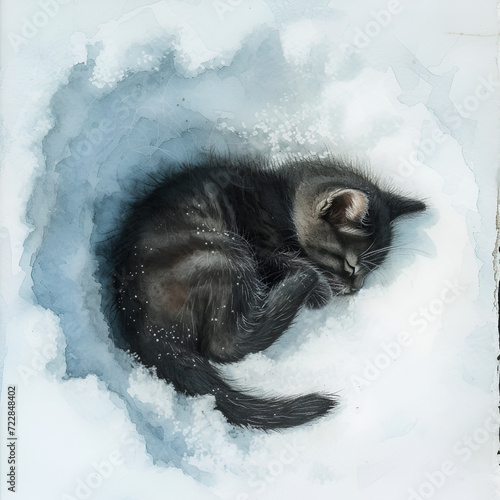 cat in the snow, cat, animal, kitten, black, sleeping, illustration, Ai generated 