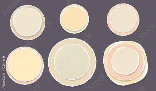 Set of torn, ripped round paper with soft shadow are on dark grey background for text or ad.