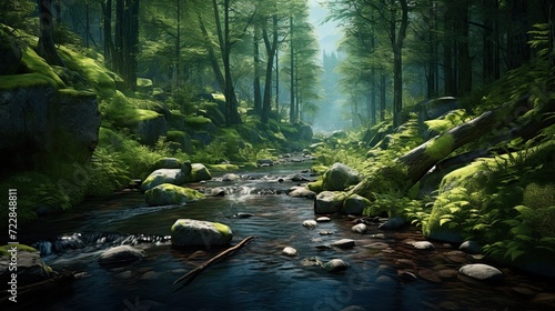 Forest stream with crystal-clear waters flowing peacefully through the tranquil woods. Nature's beauty, clear stream, pristine water, serene ambiance. Generated by AI.