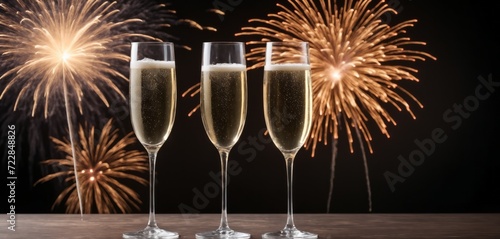Glasses of champagne on a table with fireworks in the background are luxury themed. A wide banner with copy space area