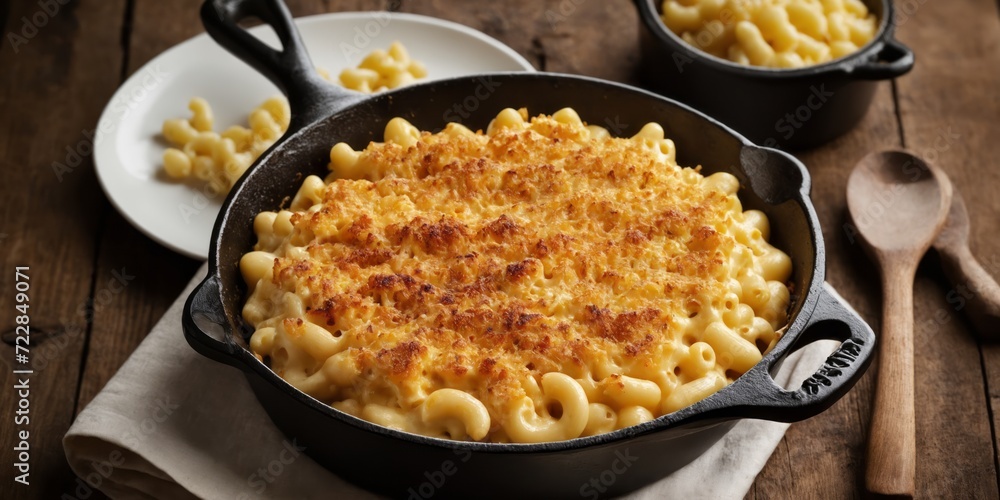Baked mac and cheese in a cast iron pan dark Baked mac and cheese in a cast iron pan dark