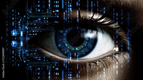 Eye integrated into a digital matrix or code. Concept of biometric scan
