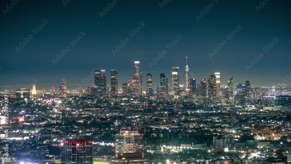 City of Los Angeles skyline at night, featuring downtown LA skyscrapers. Timelapse. City of Los Angeles skyline at night, featuring downtown LA skyscrapers. Timelapse.