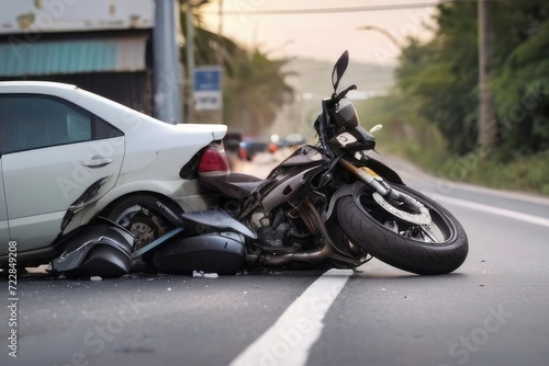 motorcycle accident  on the road with car. demaged car and motor bike  photo
