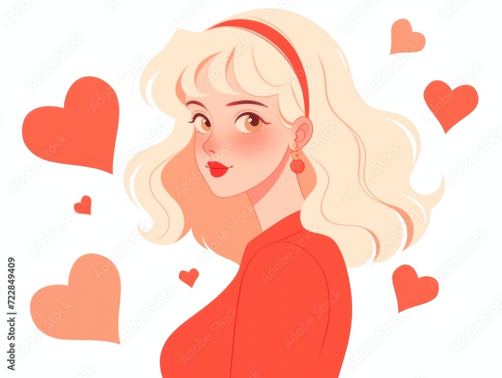 Blond smiling woman, surrounded by hearts in valentine day on white background Blond smiling woman, surrounded by hearts in valentine day on white background