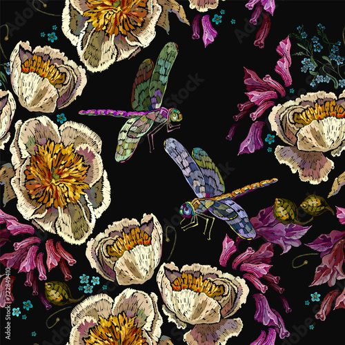Yellow peonies, dragoflies and colorful hyacinths flowers. Seamless pattern. Embroidery floral style. Fashion garden template for clothes, t-shirt design