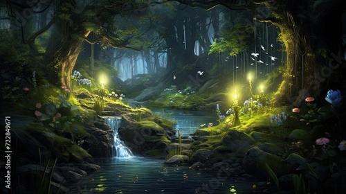 Woodland glade with a bubbling brook and ethereal fireflies, creating a serene and magical atmosphere in nature's embrace. Peaceful glade, bubbling brook, ethereal fireflies. Generated by AI. © Татьяна Лобачова