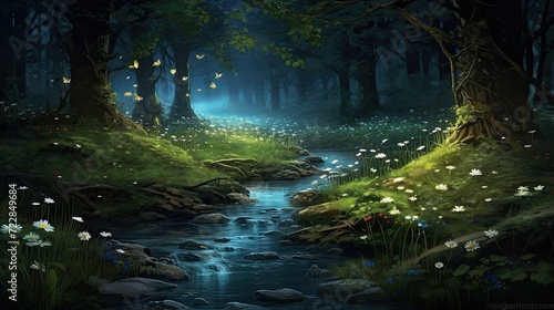 Woodland glade nestled by a bubbling brook and enchanting fireflies  offering a serene escape amidst the beauty of nature. Tranquil glade  bubbling brook  enchanting fireflies. Generated by AI.
