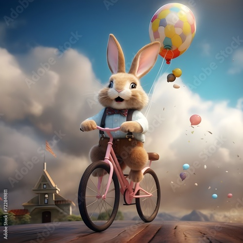 Cartoon cute little bunny riding bicycle in the sky