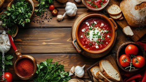 Table set with steaming bowl of borscht, bread, and garnishes