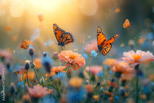 Dance of Monarch Butterflies in a Field of Summer Flowers