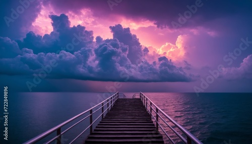 Neon Lighting Staircase to Clouds over Sea