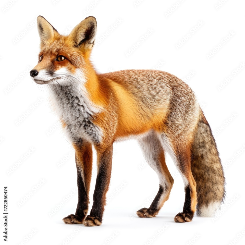 Red Fox standing side view isolated on white background, photo realistic.