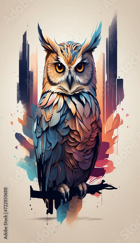 high quality, 4K Ultra HD, A double exposure that combines an owl with a minimalist T-shirt design with a vintage twist, In this captivating double exposure artwork, envision a minimalist t-shirt desi © lakshitha