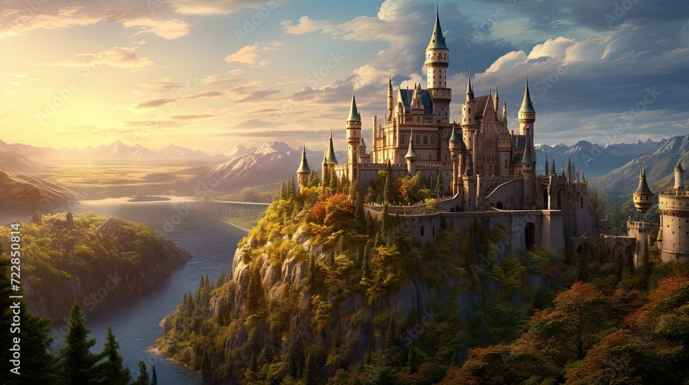 Elegant sanctuary, hillside allure, enchanting turrets, fairy-tale spires, enchanted domain. Generated by AI.