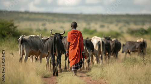 Young Masai herders herd and protect their cattle in savannah with giraffes background