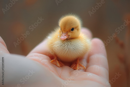 A little duckling sits in the palm of a man