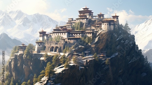Mountain monastery featuring ancient, ornate architecture, a place of spiritual solace wrapped in the intricate beauty of historical design. Spiritual solace, historical intricacy. Generated by AI.
