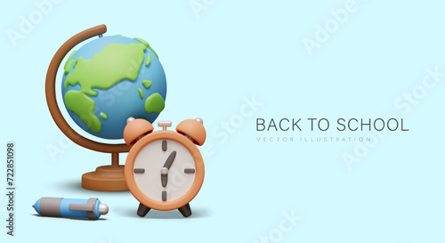 Placard with globe with Earth map, pen, and orange clock. Concept of back to school
