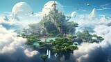 Floating islands drifting through the skies captures the imagination and invites exploration. Ethereal, dreamlike, enchanting, celestial, surreal panorama. Generated by AI.