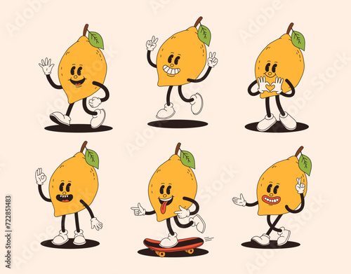 Groovy lemon mascot in different poses. Funky retro character. Set of cartoon lemons, smiling, walking, on skateboard, showing heart with hands.