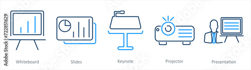 A set of 5 Business Presentation icons as white board, slides, keynote