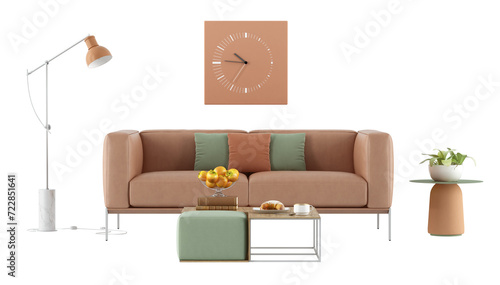 Living room set with peach fuzz sofa ,coffee table, floor lamp and clock isolated on white- 3d rendering