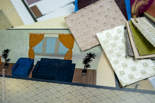 wooden material samples on house project sketch