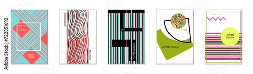 Geometric cover design, set of 5 covers. Abstract unusual background in Memphis style. Bright geometric shapes in random order