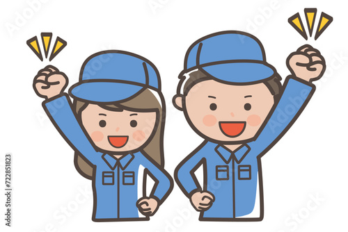 今日も1日頑張るぞ！ガッツポーズの男女作業員、清掃員のイラスト