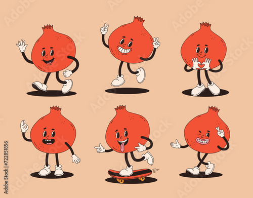 Groovy pomegranate mascot in different poses. Funky retro character. Set of cartoon pomegranate, smiling, walking, on skateboard, showing heart with hands.