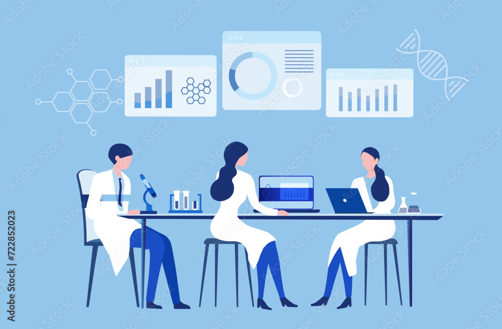 Professional scientists, doctors and chemical researchers working and analysis in laboratory experiment vector Illustration. Medical laboratory, research experiment biology molecular concept. Professional scientists, doctors and chemical researchers working and analysis in laboratory experiment vector Illustration. Medical laboratory, research experiment biology molecular concept.