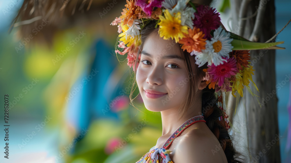 portrait of a beautiful young island woman in a wreath portrait of a beautiful young island woman in a wreath
