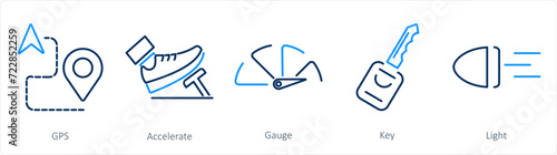 A set of 5 Car icons as gps, accelerate, gauge 