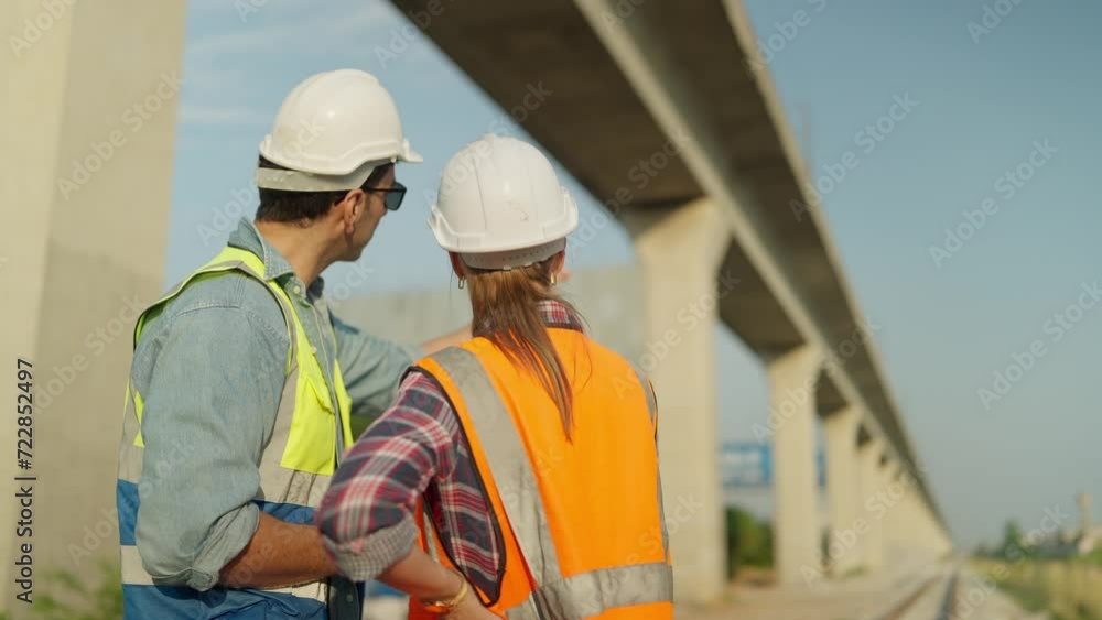Back view of Two engineers in safety uniform and helmet using tablet discussion and inspection construction process railway. Two engineer working on railway together. Teamwork concept Back view of Two engineers in safety uniform and helmet using tablet discussion and inspection construction process railway. Two engineer working on railway together. Teamwork concept