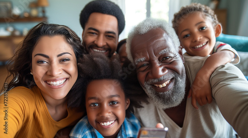 A diverse group of individuals gathers together, smiling and posing, as they use a cell phone to take a group photo.