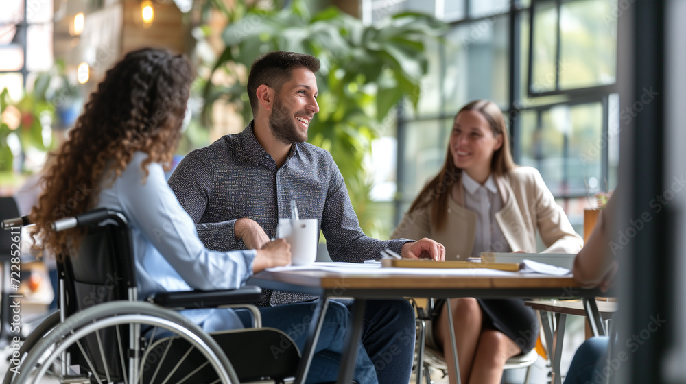 A diverse group of people - one of them in a wheelchair - are sitting around a wooden table, engaged in conversation in a creative office setting A diverse group of people - one of them in a wheelchair - are sitting around a wooden table, engaged in conversation in a creative office setting