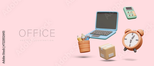 Items and gadgets for modern office. 3D laptop, alarm clock, calculator, pencil cup, parcel