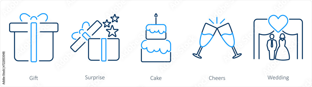 A set of 5 Celebrate icons as gift, surprise, cake A set of 5 Celebrate icons as gift, surprise, cake