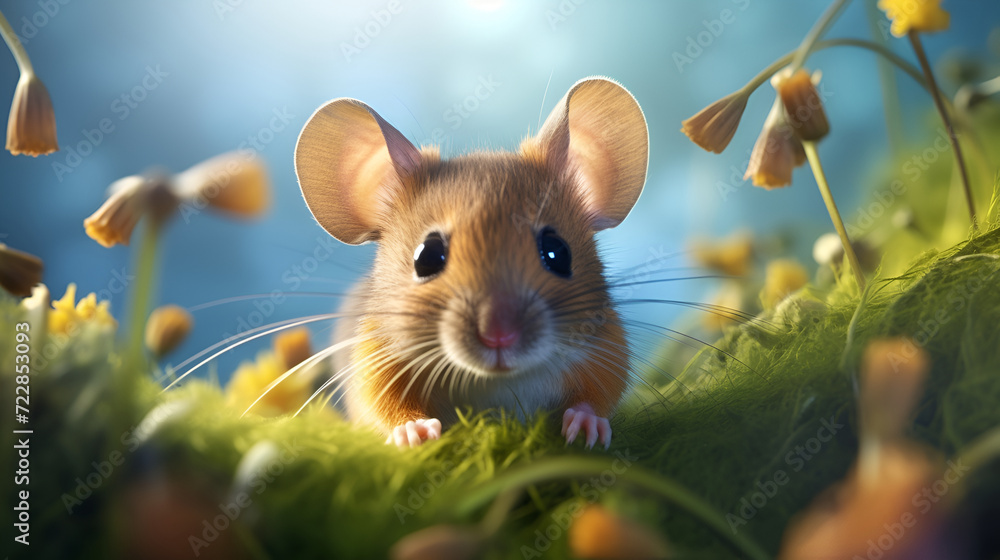 Small field mouse, rodent sits on green grass among flowers, close-up Small field mouse, rodent sits on green grass among flowers, close-up