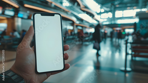 Hand holding an isolated smartphone device with blank empty white screen at the airport station, travel business communication technology concept photo