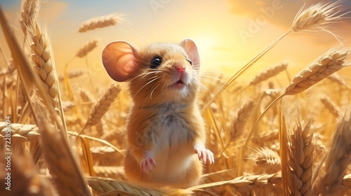 A small field mouse, a rodent sits on a wheat field, among ripe spikelets, close-up