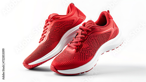 Pair of new unbranded red sport running shoes or sneakers isolated on white background. Generative AI illustration photo